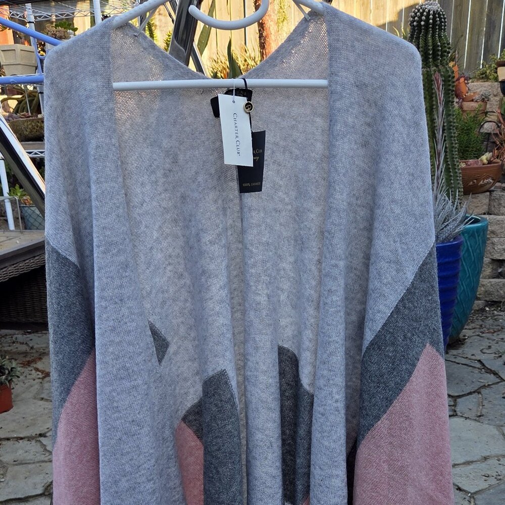 NWT Cashmere Shawl Charter Club, Grey and Pink, One Size